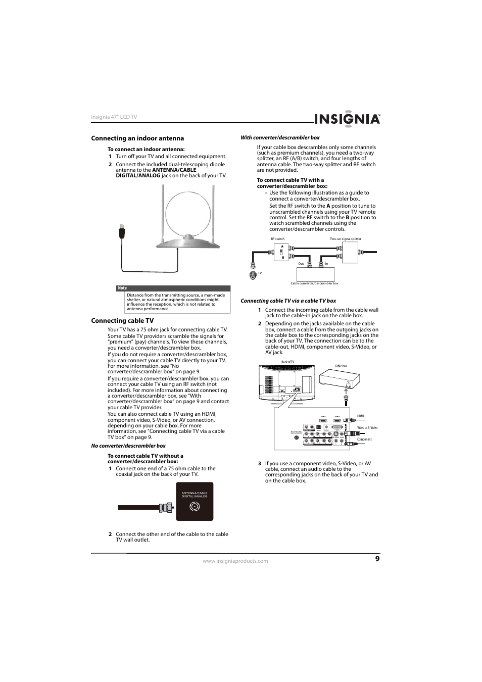 Connecting an indoor antenna, Connecting cable tv, Connecting an indoor antenna connecting cable tv | Antenna | Insignia NS-L47Q09-10A User Manual | Page 13 / 40