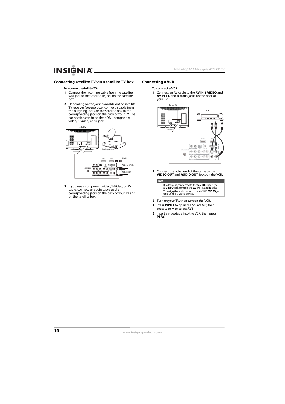 Connecting satellite tv via a satellite tv box, Connecting a vcr, Ee “connecting a vcr | Insignia NS-L47Q09-10A User Manual | Page 14 / 40