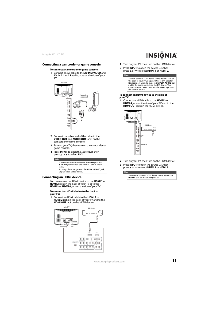 Connecting a camcorder or game console, Connecting an hdmi device, Connecting an hdmi device” on | Insignia NS-L47Q09-10A User Manual | Page 15 / 40