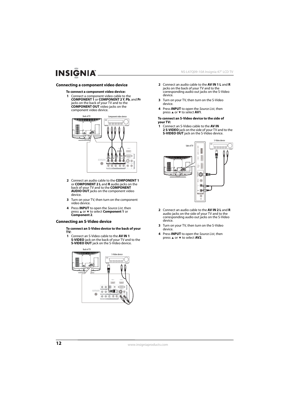 Connecting a component video device, Connecting an s-video device, Connecting an s-video device” o | 12 o, Ge 12 | Insignia NS-L47Q09-10A User Manual | Page 16 / 40