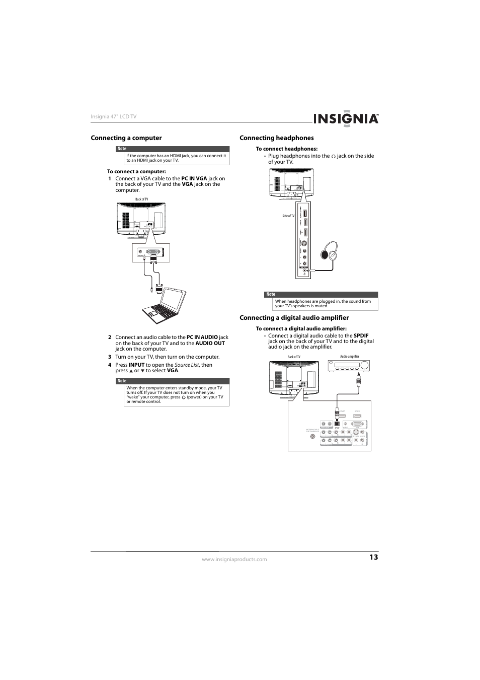 Connecting a computer, Connecting headphones, Connecting a digital audio amplifier | Connecting headphones” o | Insignia NS-L47Q09-10A User Manual | Page 17 / 40