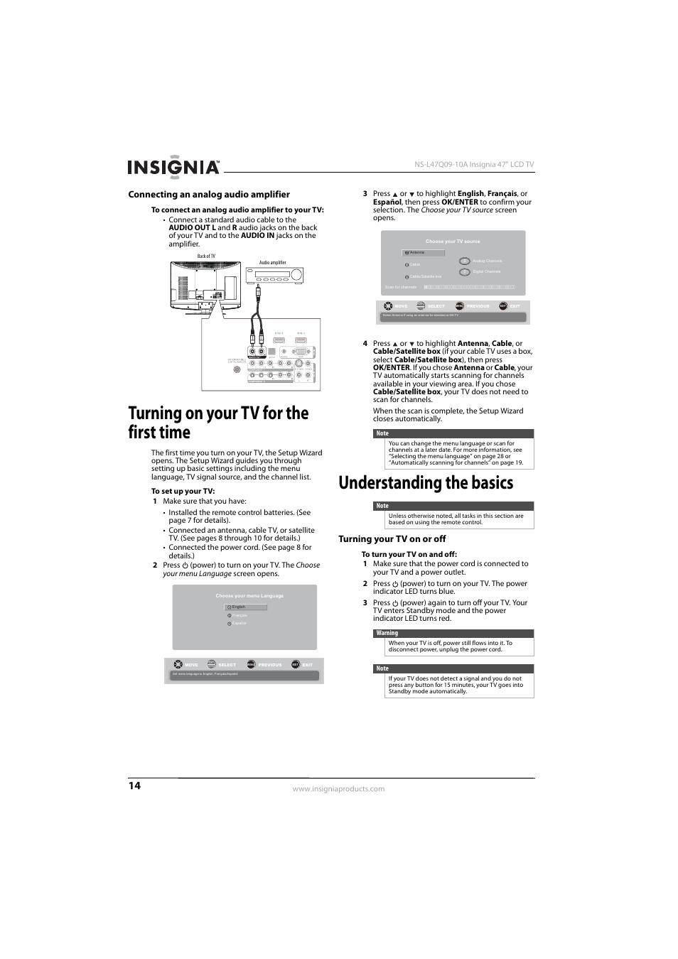 Connecting an analog audio amplifier, Turning on your tv for the first time, Understanding the basics | Turning your tv on or off | Insignia NS-L47Q09-10A User Manual | Page 18 / 40