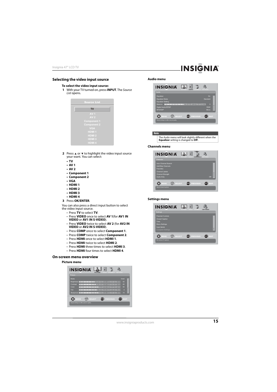 Selecting the video input source, On-screen menu overview, Ee “selecting the video input source | Insignia NS-L47Q09-10A User Manual | Page 19 / 40