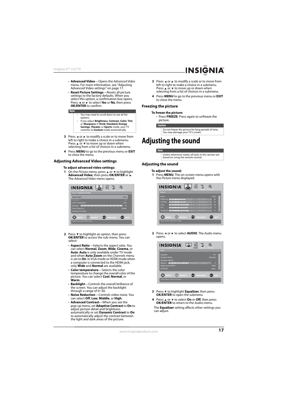 Adjusting advanced video settings, Freezing the picture, Adjusting the sound | See “adjusting the sound” on, Ee “adjusting advanced video settings | Insignia NS-L47Q09-10A User Manual | Page 21 / 40