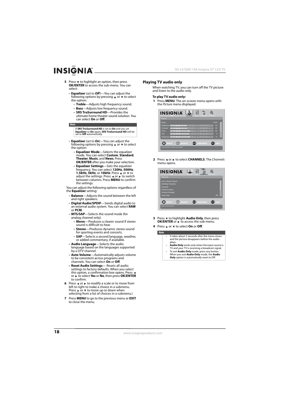 Playing tv audio only | Insignia NS-L47Q09-10A User Manual | Page 22 / 40