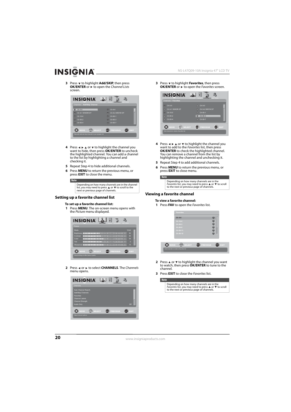 Setting up a favorite channel list, Viewing a favorite channel, Ee “setting up a favorite channel list | Insignia NS-L47Q09-10A User Manual | Page 24 / 40