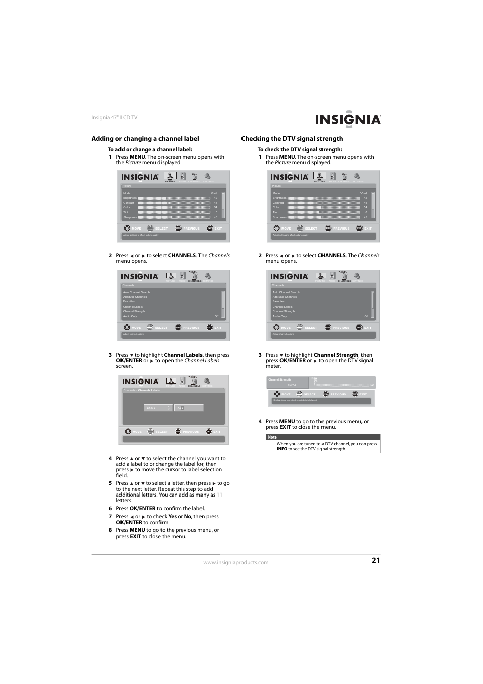 Adding or changing a channel label, Checking the dtv signal strength | Insignia NS-L47Q09-10A User Manual | Page 25 / 40