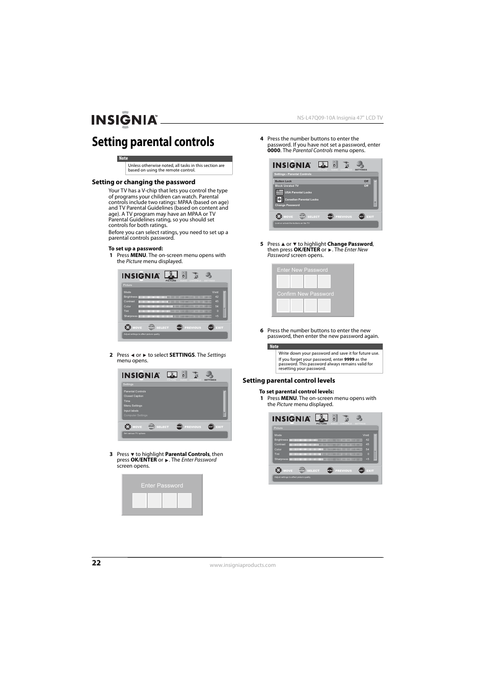 Setting parental controls, Setting or changing the password, Setting parental control levels | Enter password, Enter new password confirm new password | Insignia NS-L47Q09-10A User Manual | Page 26 / 40
