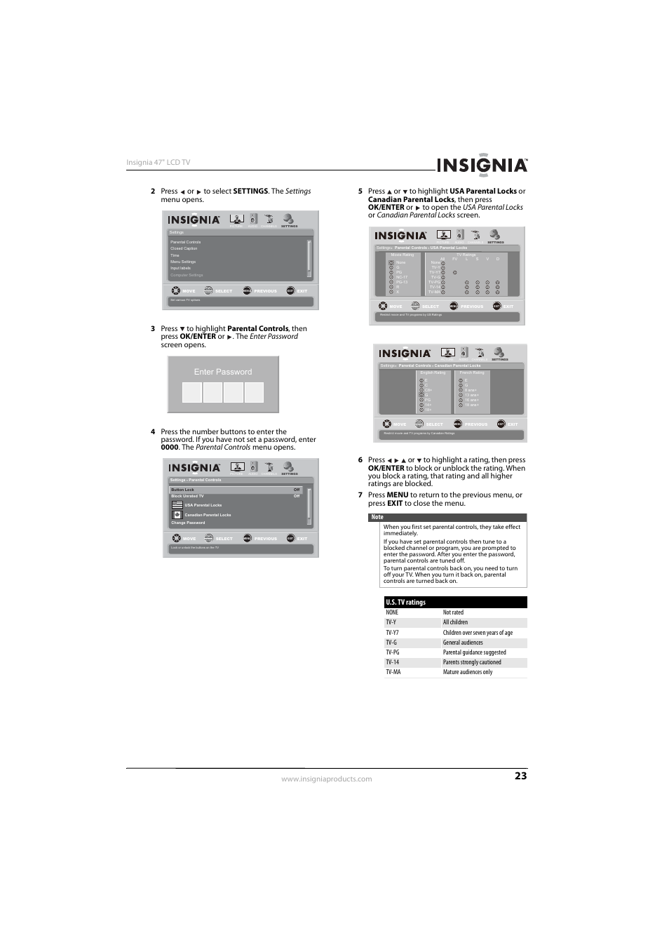 Enter password, U.s. tv ratings | Insignia NS-L47Q09-10A User Manual | Page 27 / 40