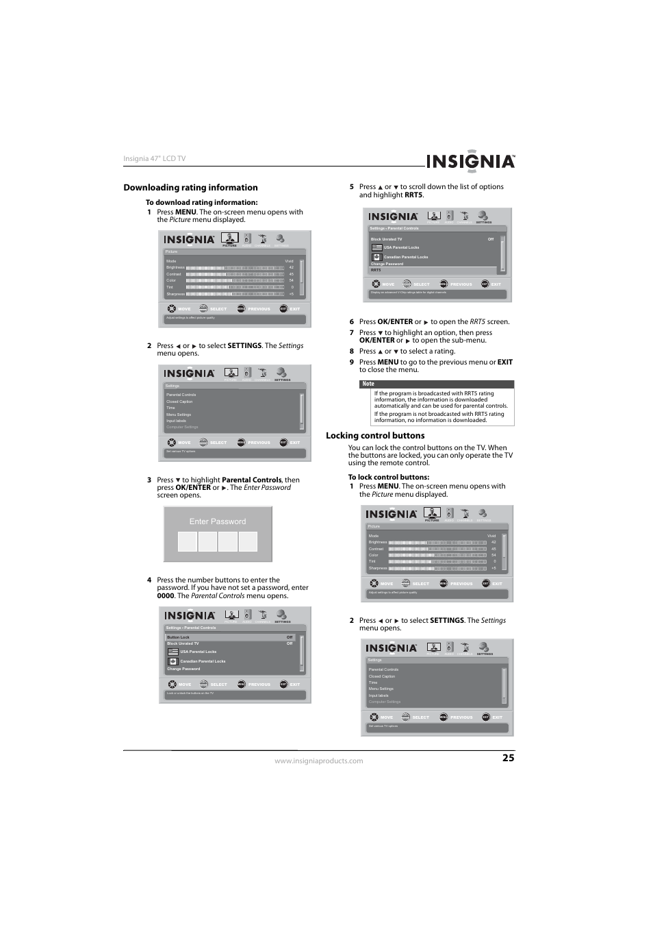 Downloading rating information, Locking control buttons, Enter password | Insignia NS-L47Q09-10A User Manual | Page 29 / 40