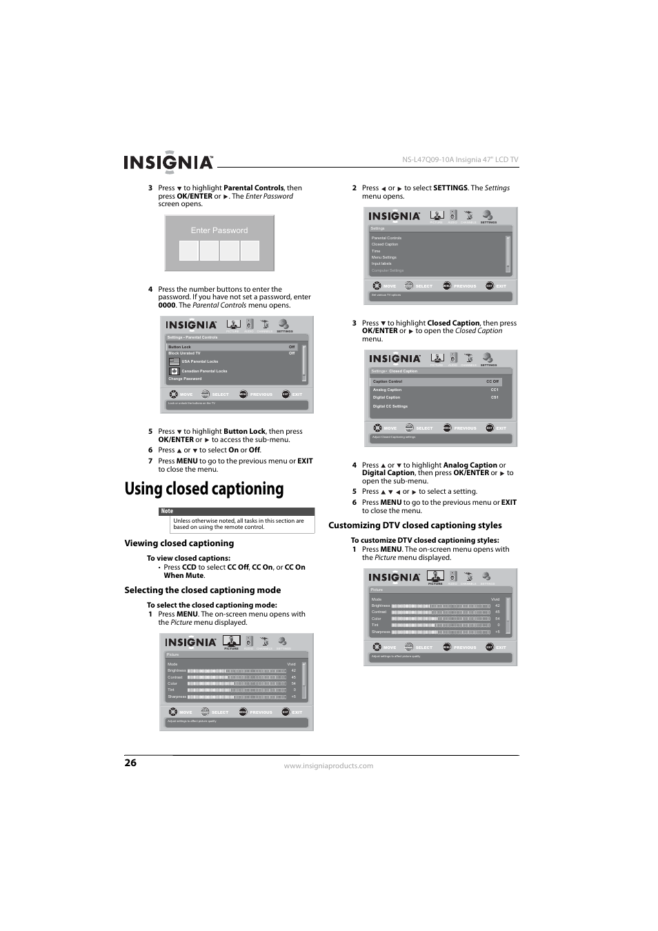 Using closed captioning, Viewing closed captioning, Selecting the closed captioning mode | Customizing dtv closed captioning styles, Ee “viewing closed captioning, Enter password | Insignia NS-L47Q09-10A User Manual | Page 30 / 40