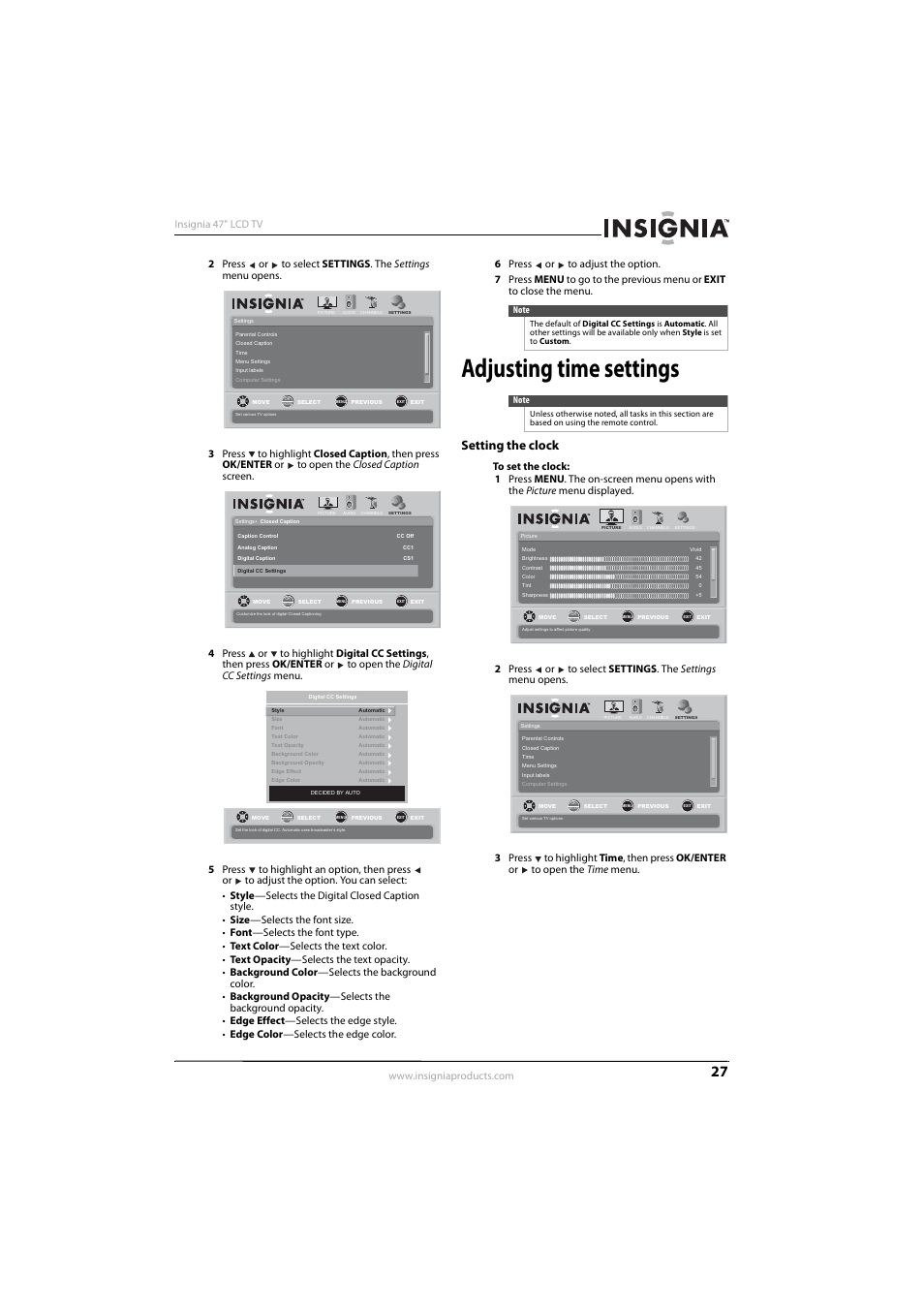 Adjusting time settings, Setting the clock | Insignia NS-L47Q09-10A User Manual | Page 31 / 40