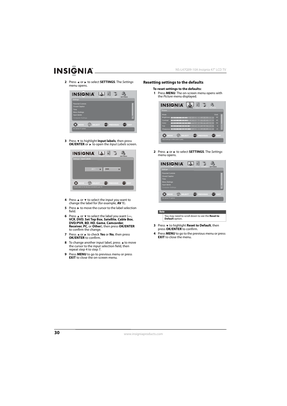 Resetting settings to the defaults | Insignia NS-L47Q09-10A User Manual | Page 34 / 40