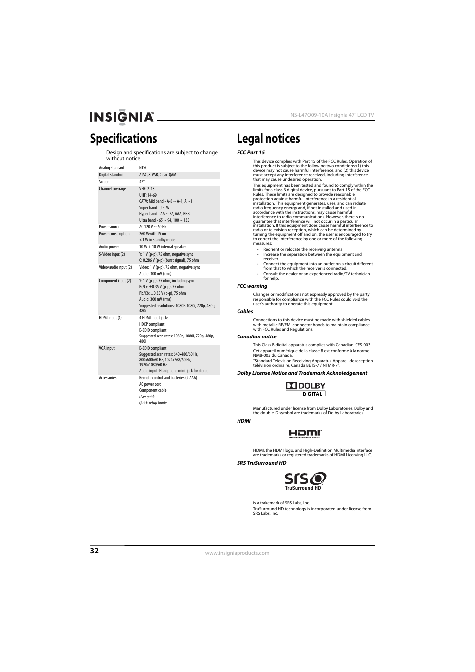 Specifications, Legal notices | Insignia NS-L47Q09-10A User Manual | Page 36 / 40