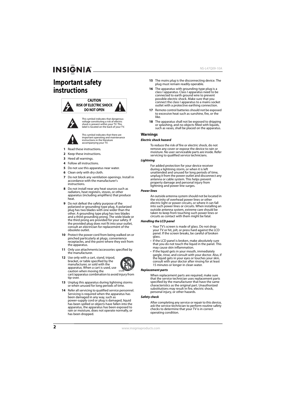 Important safety instructions, Warnings | Insignia NS-L47Q09-10A User Manual | Page 6 / 40