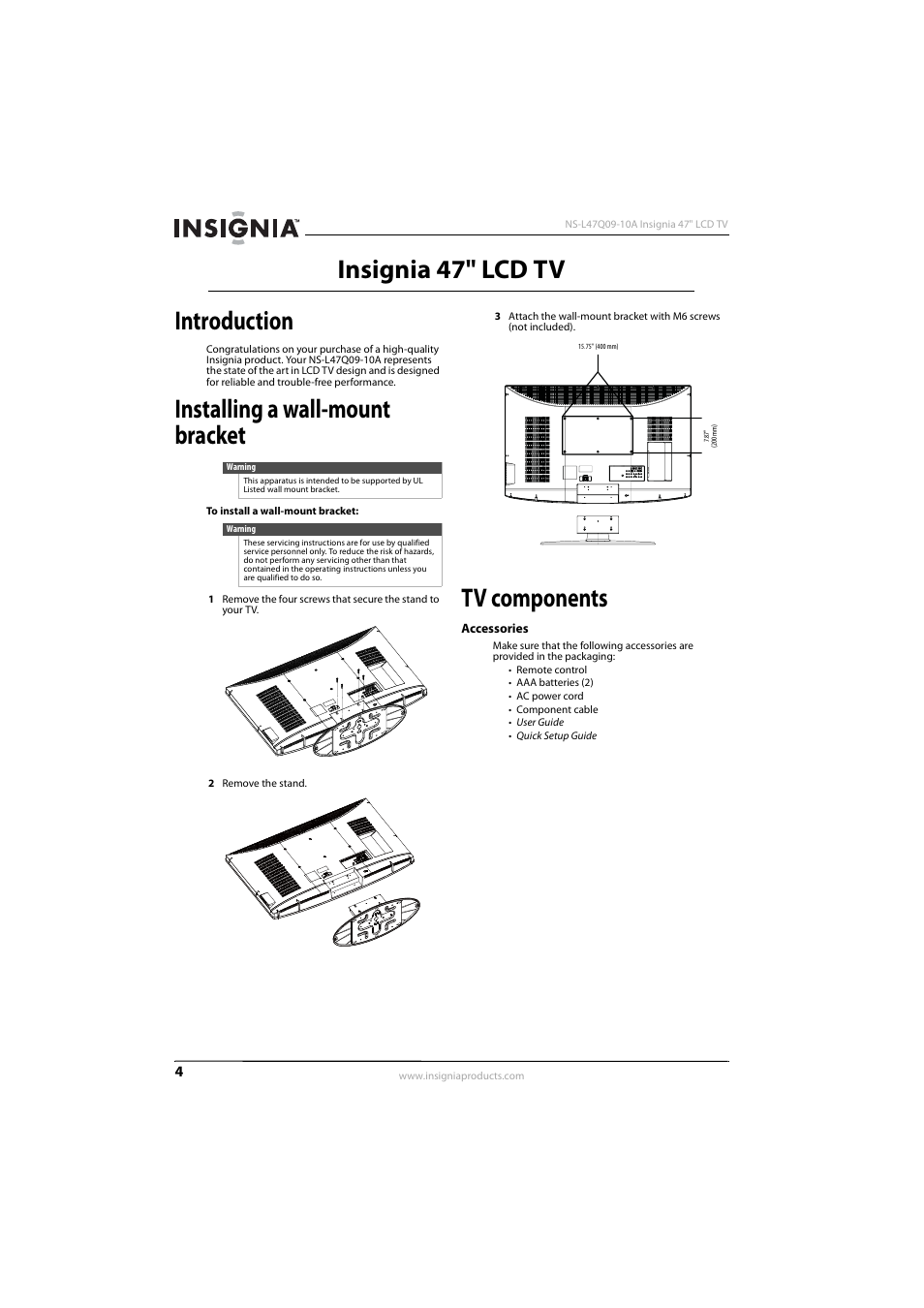 Introduction, Installing a wall-mount bracket, Tv components | Accessories, Insignia 47" lcd tv introduction | Insignia NS-L47Q09-10A User Manual | Page 8 / 40