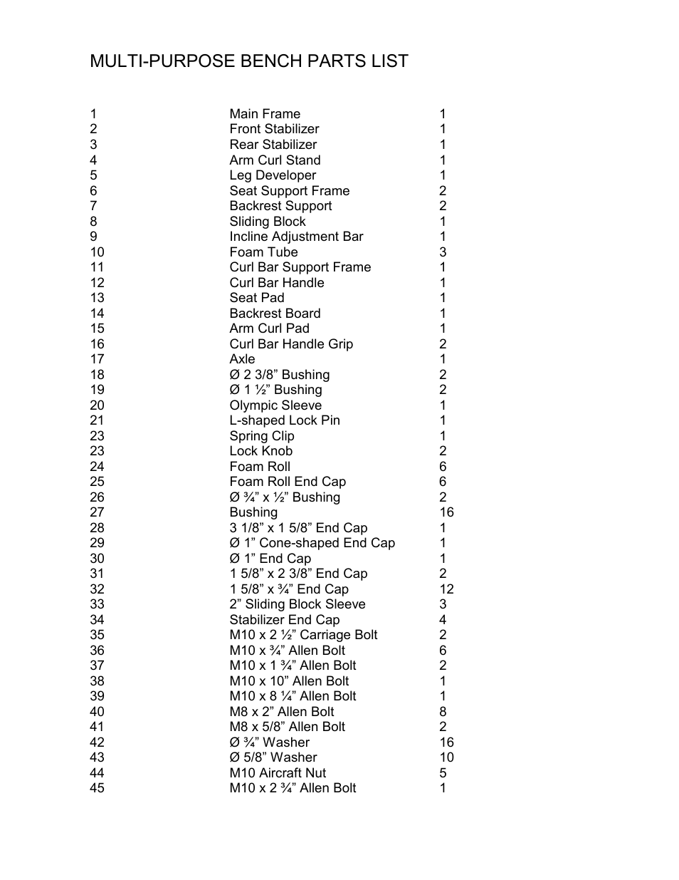 Multi-purpose bench parts list, Key no. description q’ty, 1 main frame 1 | 16 curl bar handle grip 2 | Impex MWB-4360 User Manual | Page 31 / 33