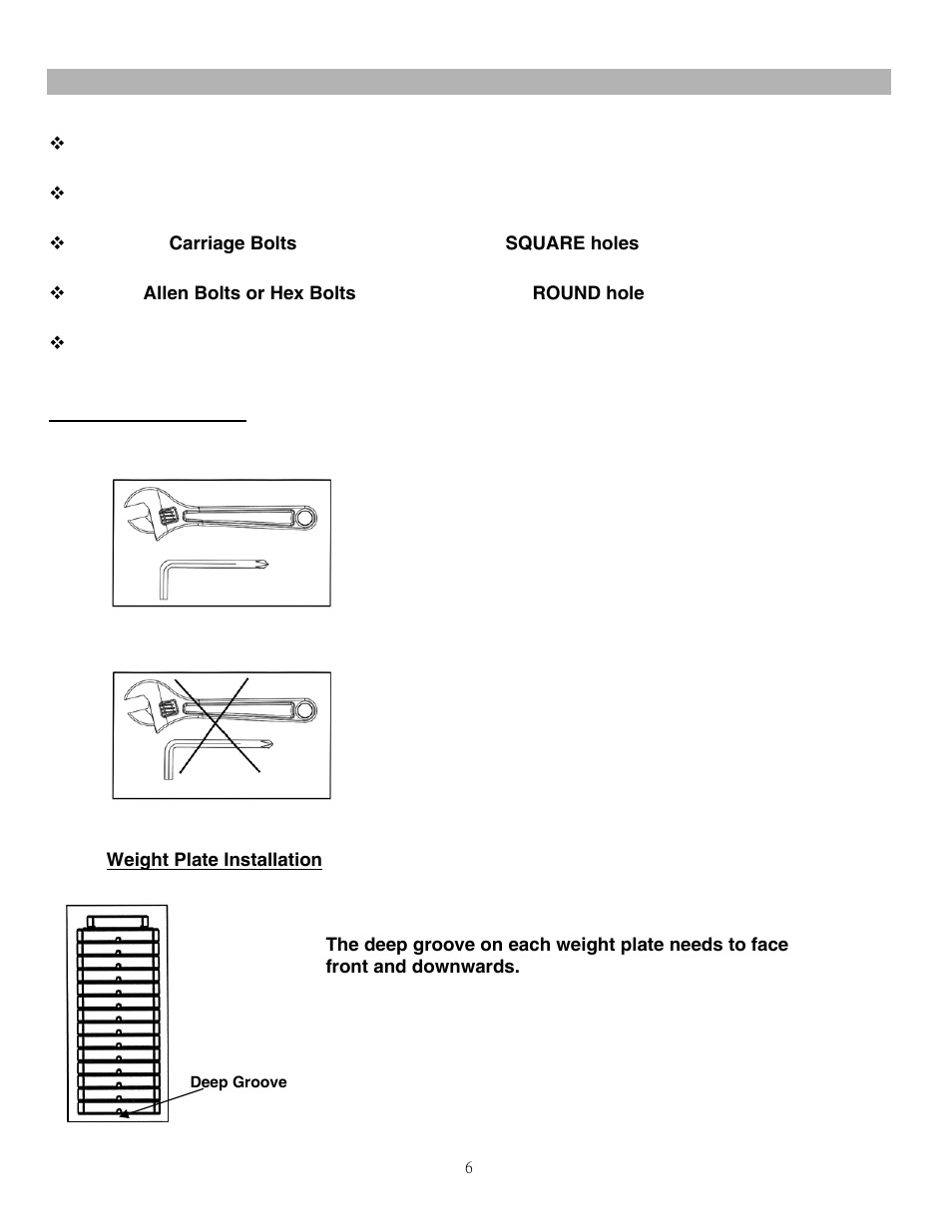 Important assembly information, Fasten nuts and bolts, Weight plate installation | Deep groove | Impex MWM-988 User Manual | Page 7 / 15