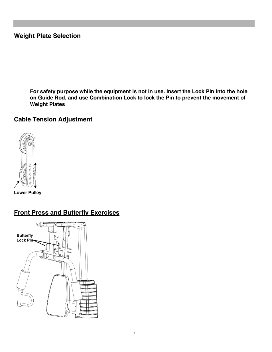 Operation notes, Cable tension adjustment, Weight plate selection | Front press and butterfly exercises | Impex MWM-988 User Manual | Page 8 / 15