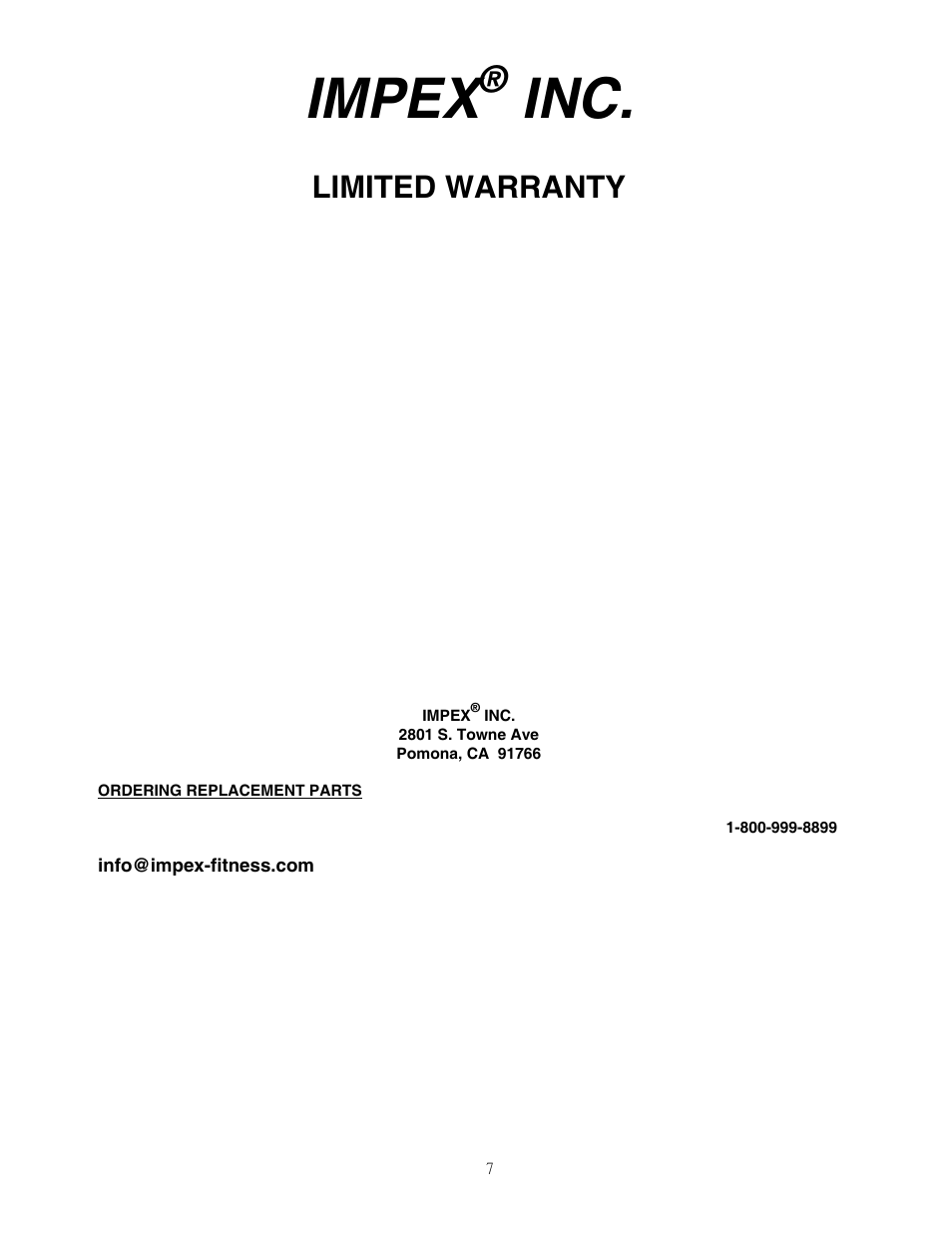 Impex, Limited warranty | Impex PM-50 User Manual | Page 8 / 8
