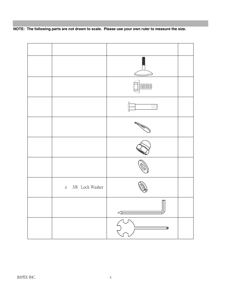 Lever knob, M8 x 5/8” allen bolt, M8 x 2 7/8” carriage bolt | Ø 7/8” curved washer, M8 acorn nut, Ø 5/8” x ø 3/8” flat washer, Hardware pack | Impex H2502C User Manual | Page 5 / 15