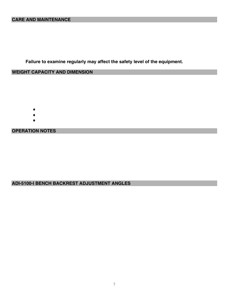 Care and maintenance, Weight capacity and dimension, Operation notes | Adi-5100-i bench backrest adjustment angles | Impex ADI-5100-I User Manual | Page 8 / 15