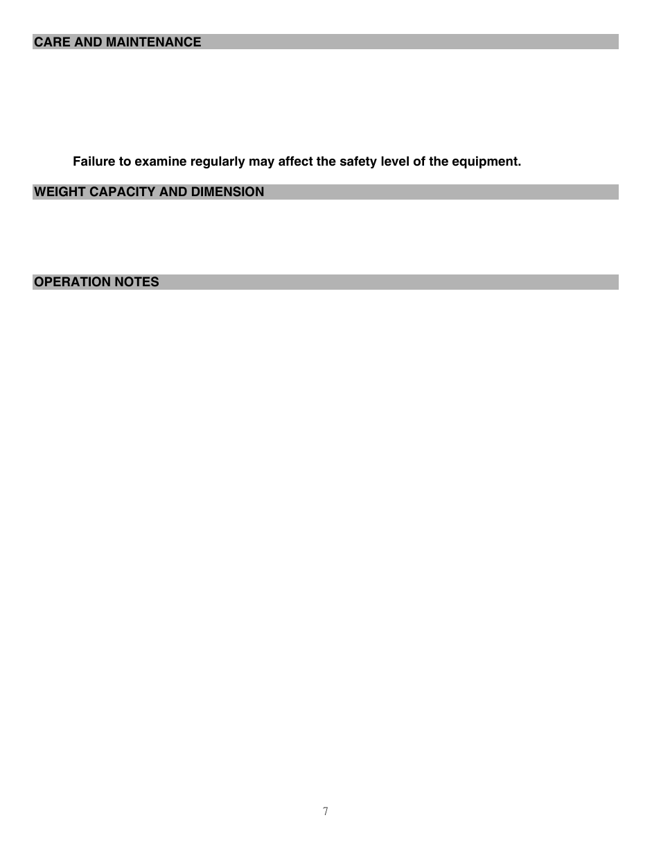 Care and maintenance, Weight capacity and dimension, Operation notes | Impex ADI-10242-I User Manual | Page 8 / 11