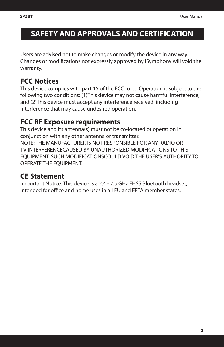 Safety and approvals and certification, Fcc notices, Fcc rf exposure requirements | Ce statement | iSymphony SP5BT User Manual | Page 3 / 16