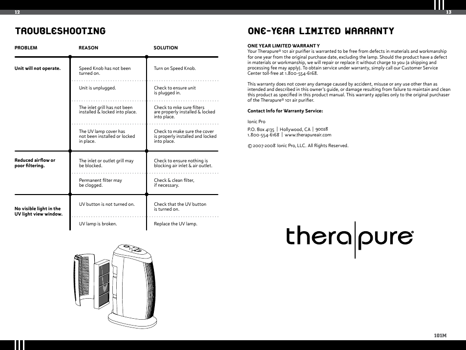 One-year limited warranty, Troubleshooting | Ionic Pro TP101M User Manual | Page 8 / 10