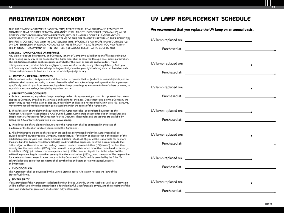 Arbitration agreement, Uv lamp replacement schedule | Ionic Pro TP101M User Manual | Page 9 / 10