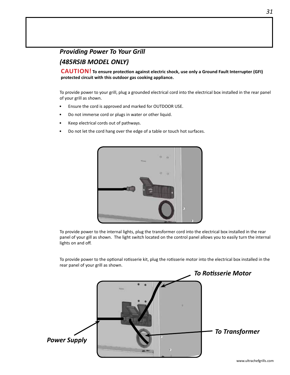 Providing power to your grill (485rsib model only), Power supply to rotisserie motor to transformer, Caution | Interlink electronic L485SIB User Manual | Page 31 / 48