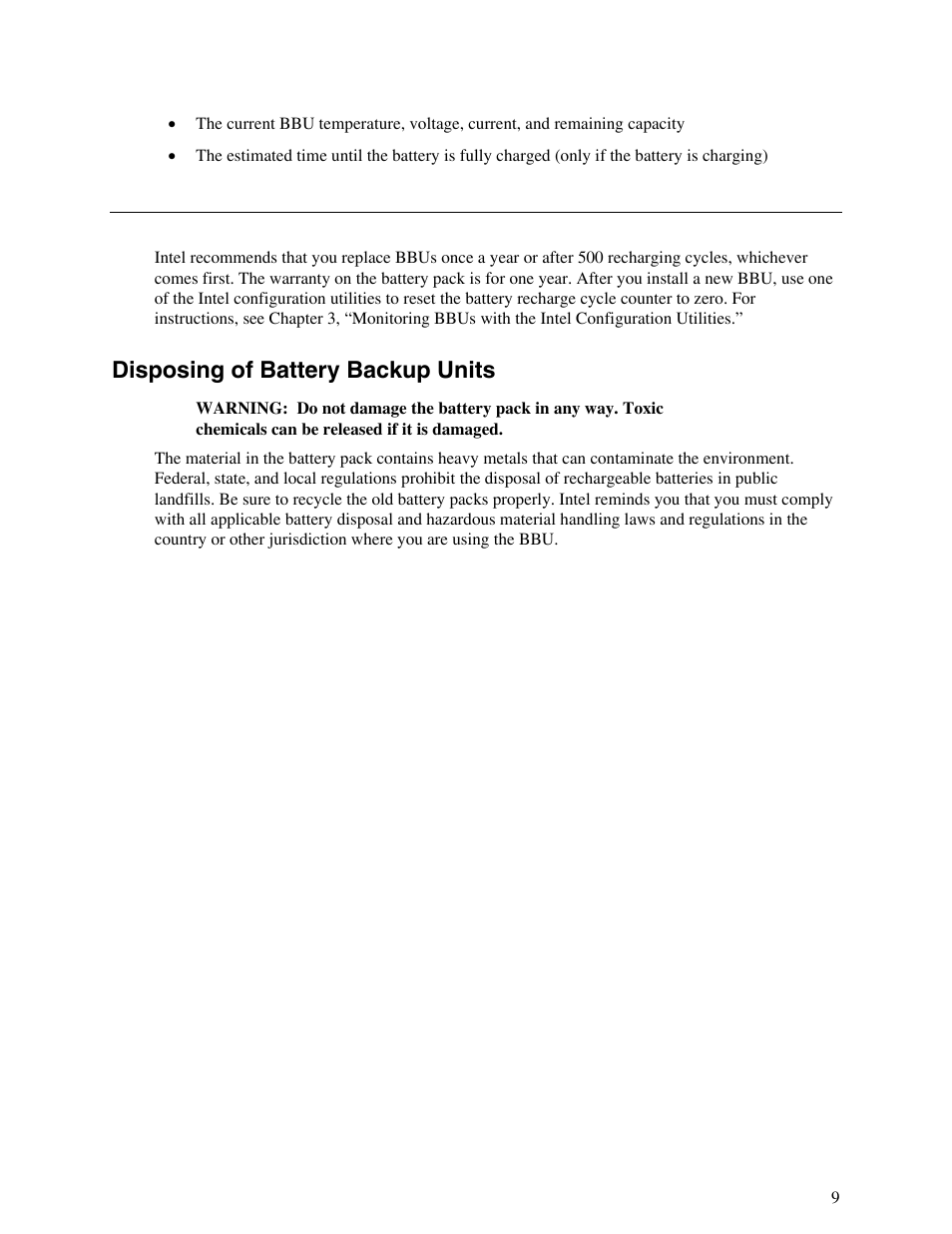 Replacing battery backup units, Disposing of battery backup units | Intel RAID AXXRSBBU6 User Manual | Page 13 / 14