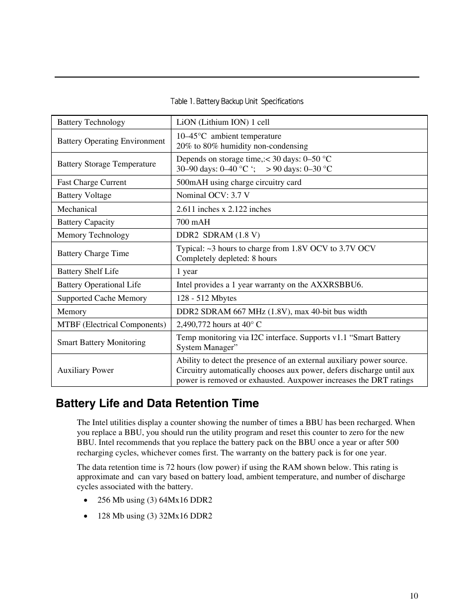 Battery backup unit specifications, Battery life and data retention time | Intel RAID AXXRSBBU6 User Manual | Page 14 / 14
