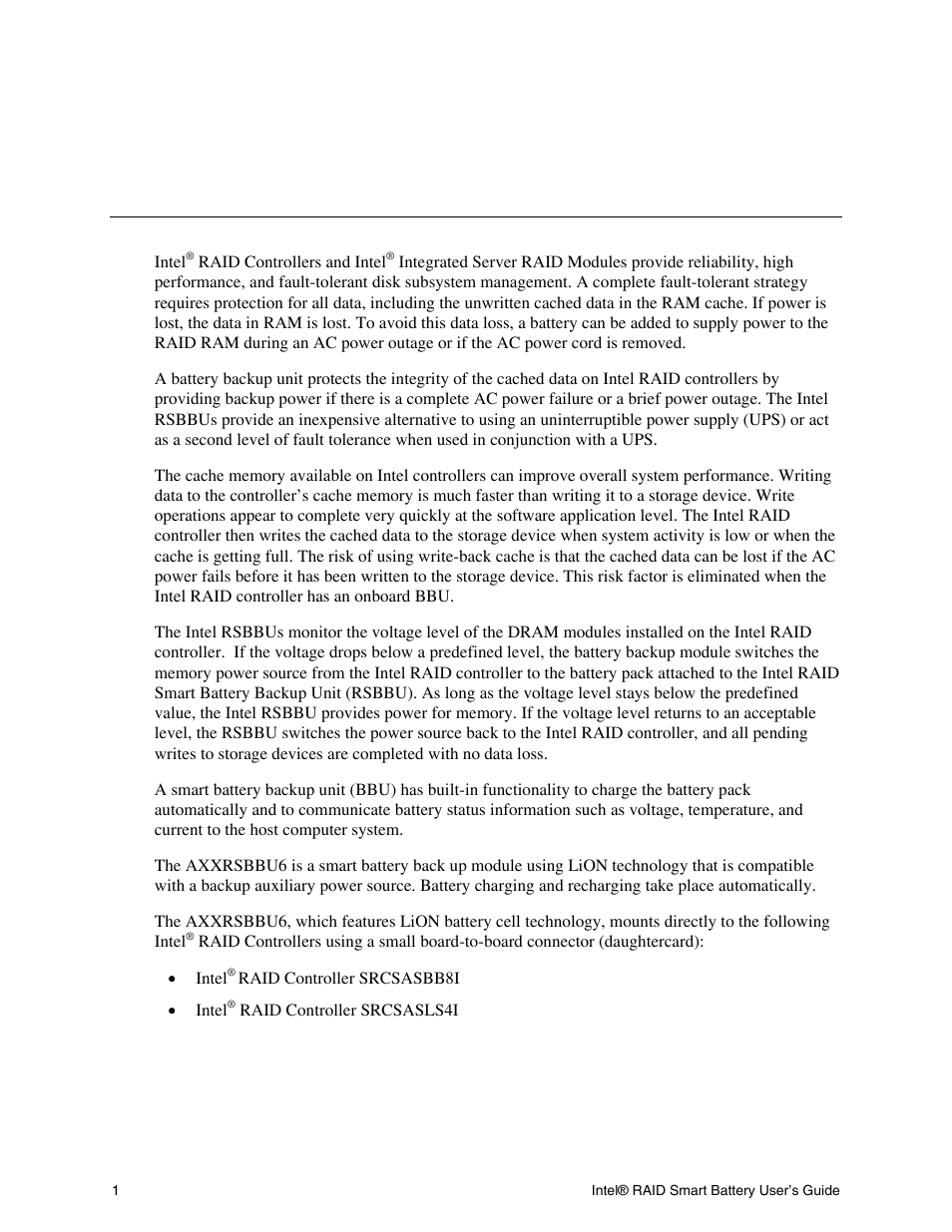About the intel, Raid smart battery | Intel RAID AXXRSBBU6 User Manual | Page 5 / 14