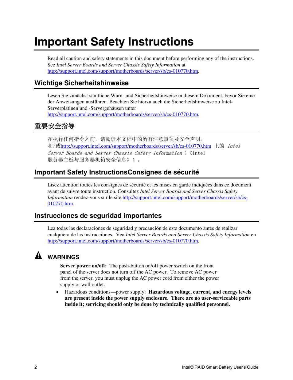 Important safety instructions | Intel RAID AXXRSBBU6 User Manual | Page 6 / 14