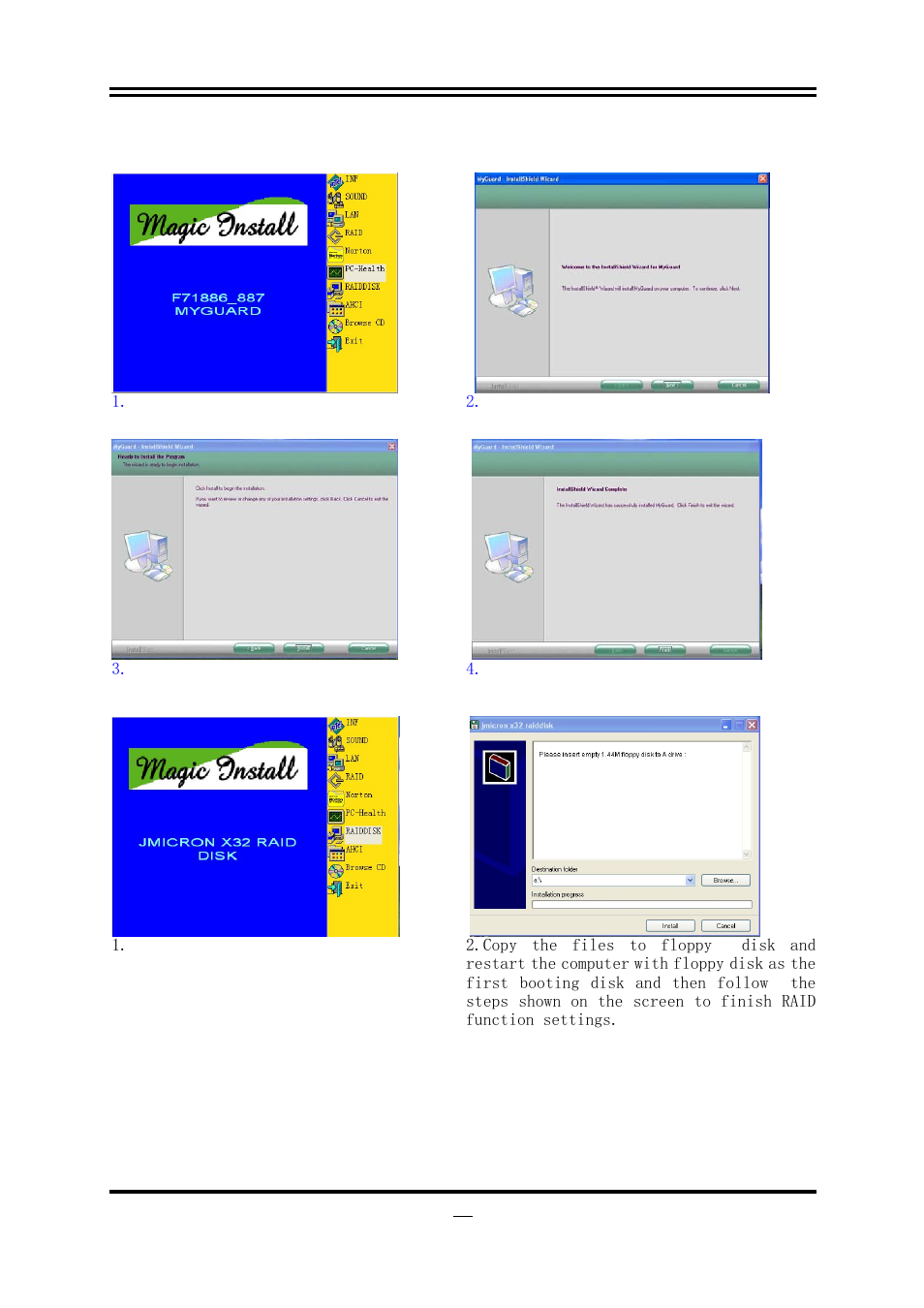 7 raiddisk install jmicron x32 raid disk, Pc-health install myguard hardware monitor utility | Intel ICH10R User Manual | Page 48 / 54