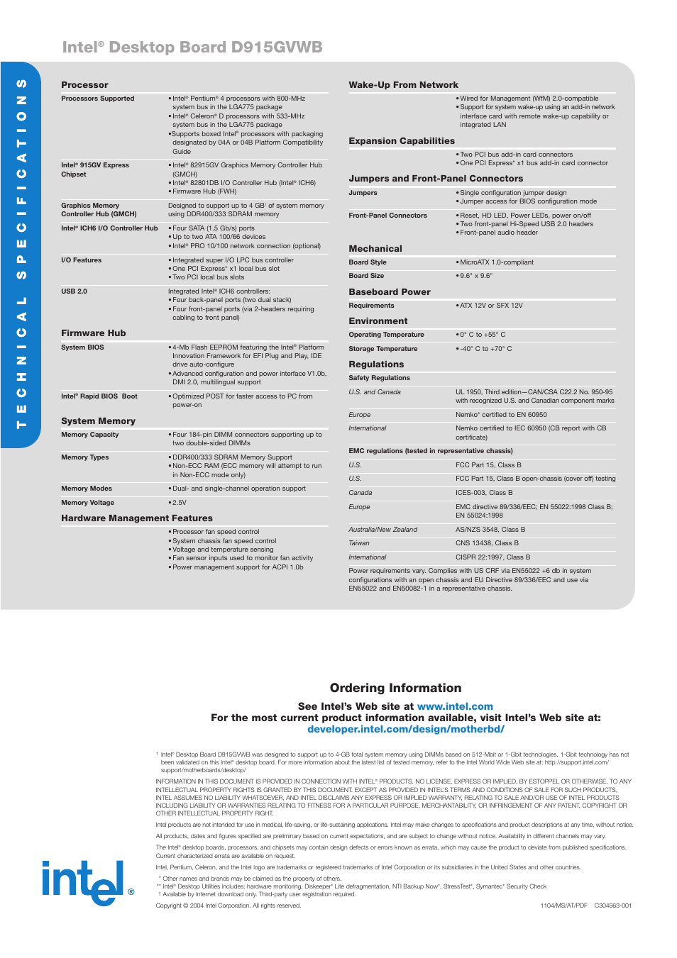 Intel, Desktop board d915gvwb, Ordering information | Technical specifica tions | Intel D915GVWB User Manual | Page 4 / 4