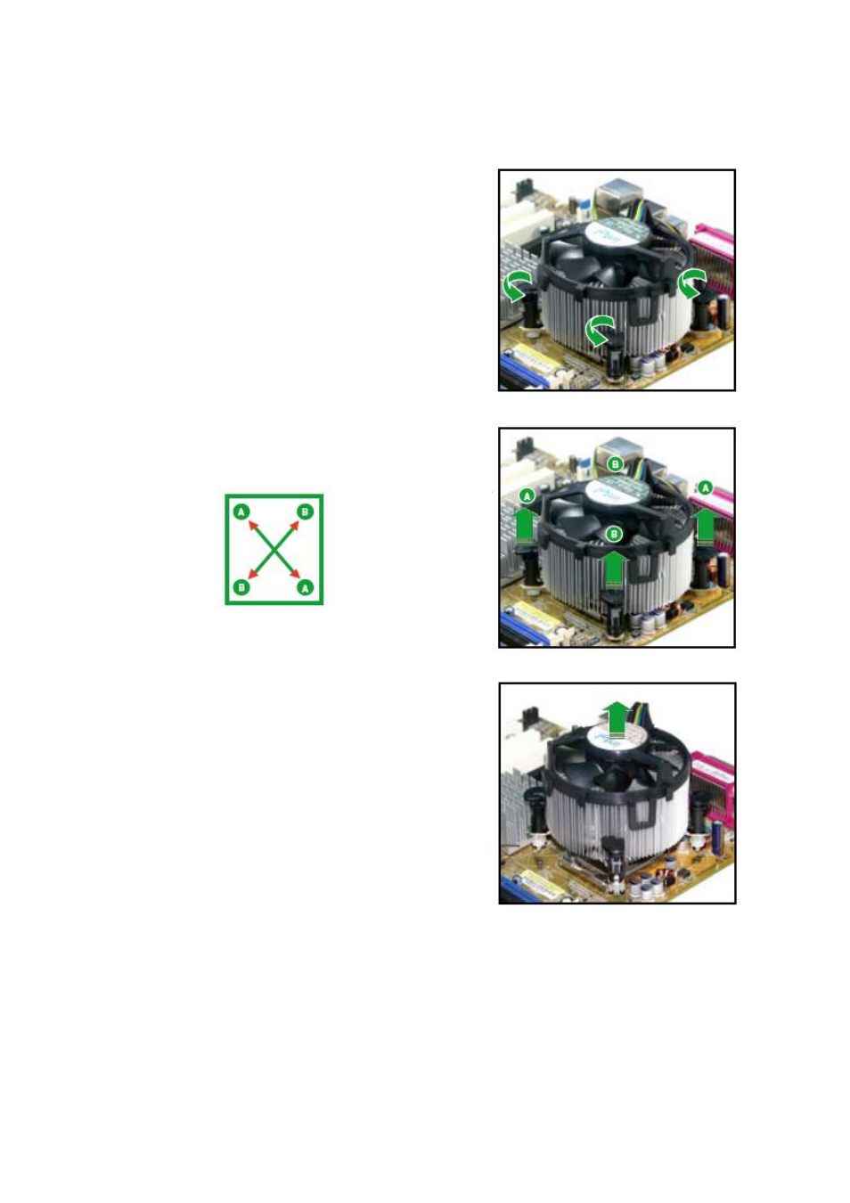 3 uninstalling the cpu heatsink and fan, Rotate each fastener counterclockwise | Intel AX965Q User Manual | Page 22 / 81