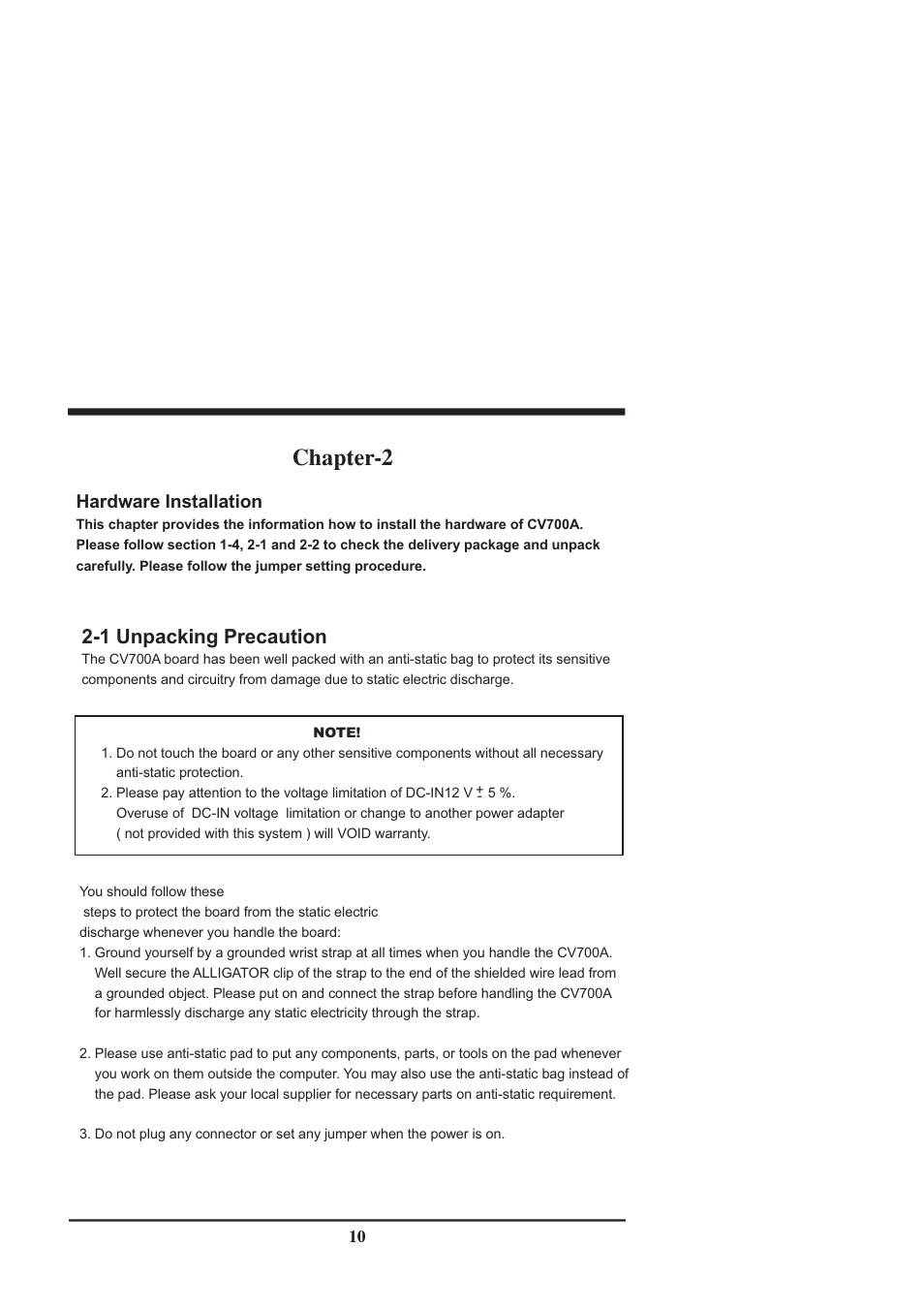 Chapter-2, 1 unpacking precaution, Hardware installation | Intel CV702A User Manual | Page 14 / 63