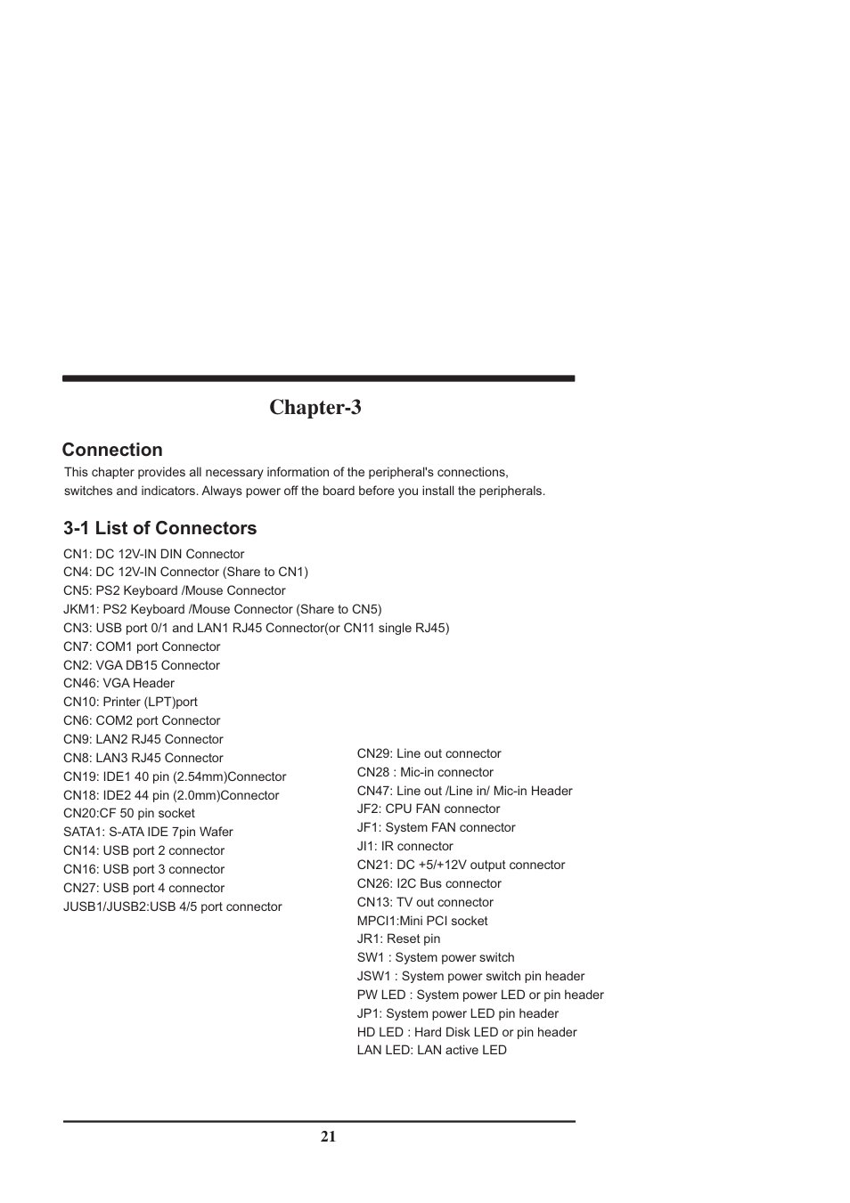 Chapter-3, 1 list of connectors, Connection | Intel CV702A User Manual | Page 25 / 63
