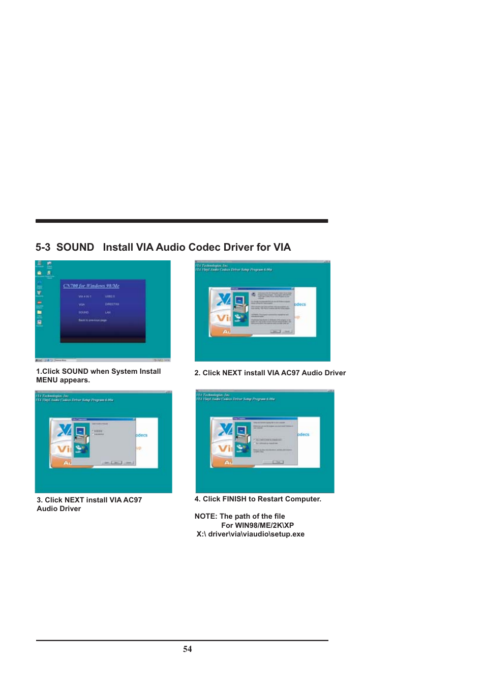 3 sound install via audio codec driver for via | Intel CV702A User Manual | Page 58 / 63