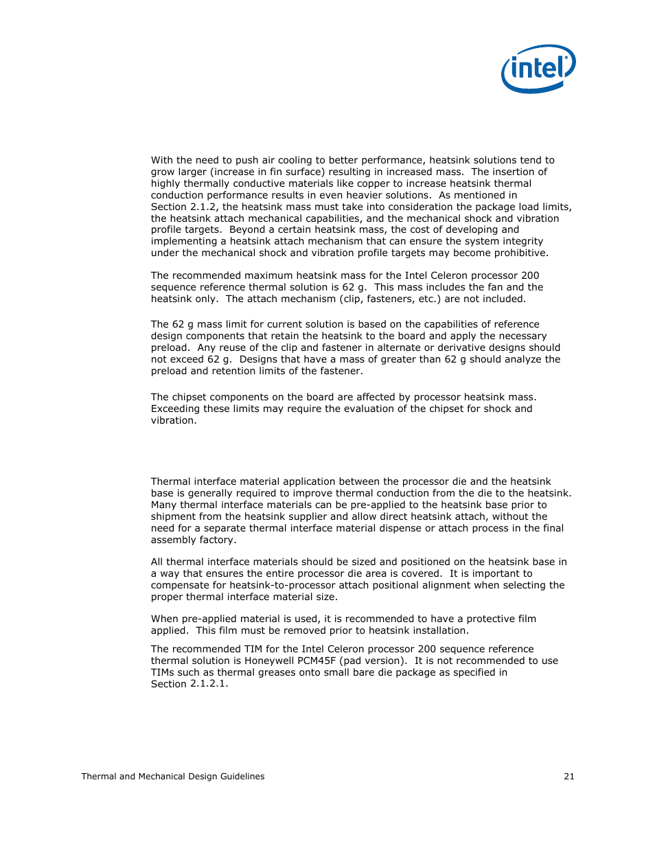 2 heatsink mass, 3 thermal interface material, Heatsink mass | Thermal interface material, 3 for | Intel CELERON 200 User Manual | Page 21 / 53