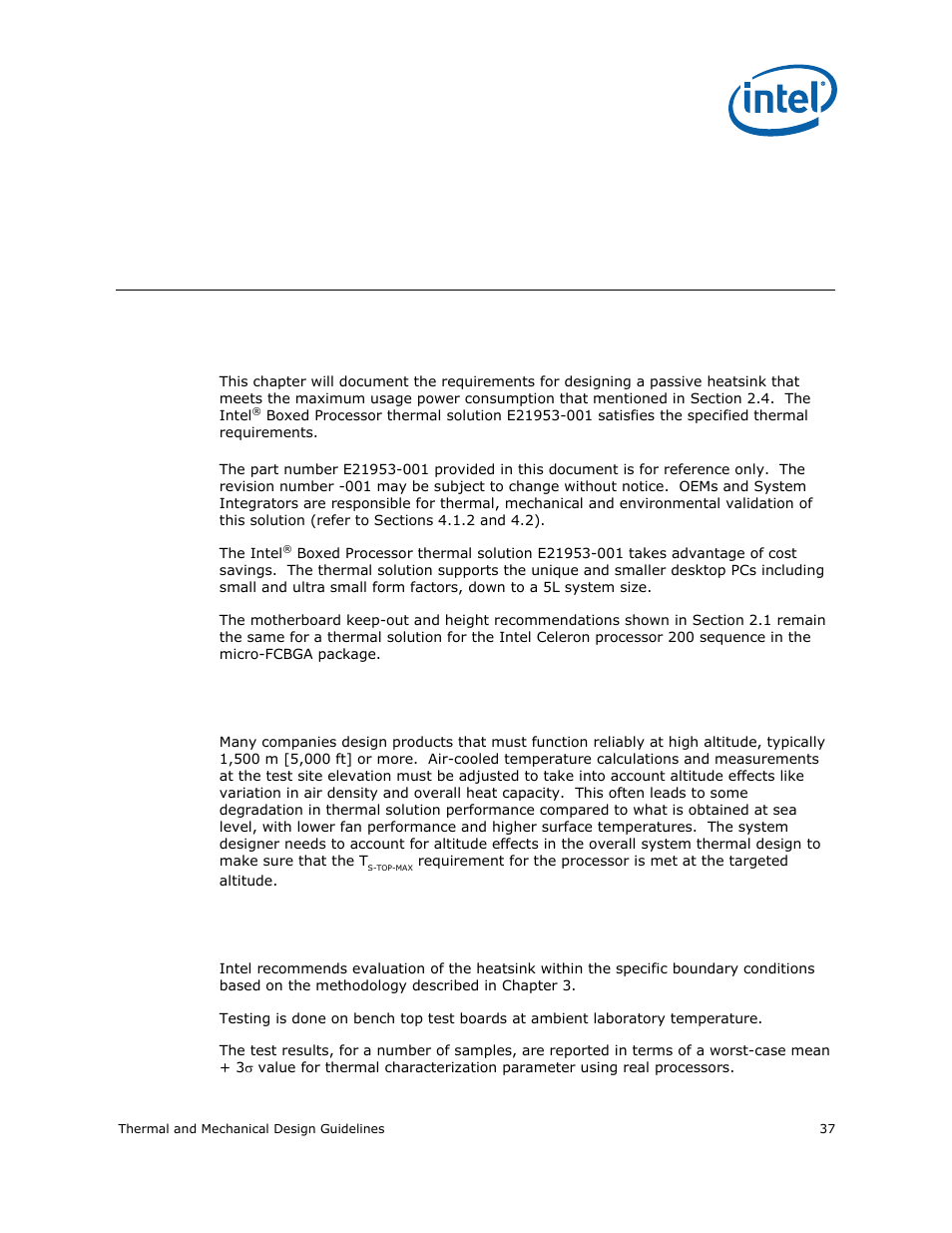 4 system thermal/mechanical design information, 1 overview of the reference design, 1 altitude | 2 heatsink thermal validation, System thermal/mechanical design information, Overview of the reference design, Altitude, Heatsink thermal validation, 4system thermal/mechanical design information | Intel CELERON 200 User Manual | Page 37 / 53