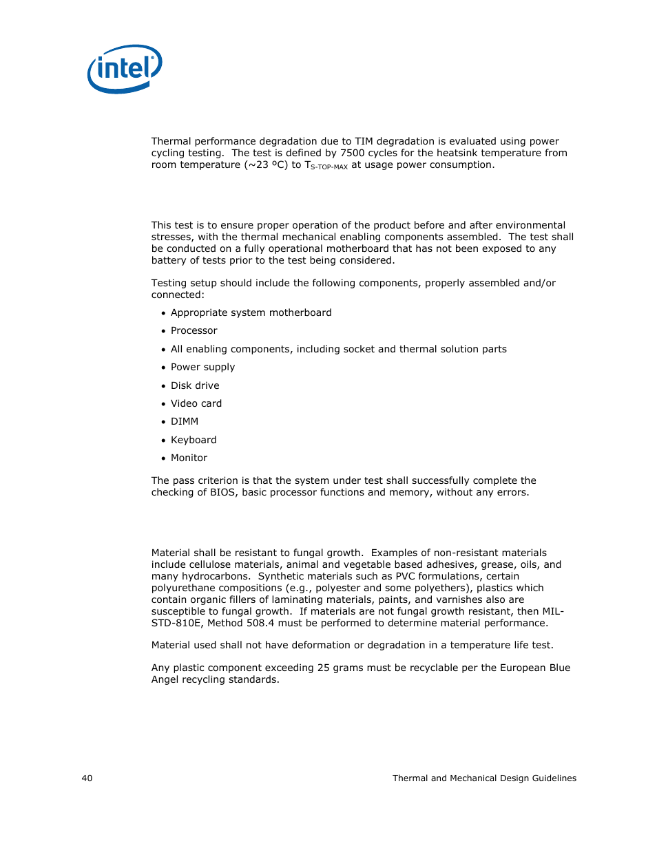 2 power cycling, 3 recommended bios/cpu/memory test procedures, 3 material and recycling requirements | Power cycling, Recommended bios/cpu/memory test procedures, Material and recycling requirements | Intel CELERON 200 User Manual | Page 40 / 53