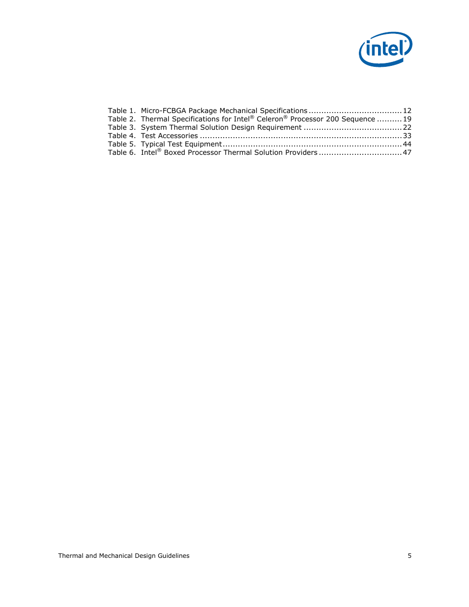 Tables | Intel CELERON 200 User Manual | Page 5 / 53