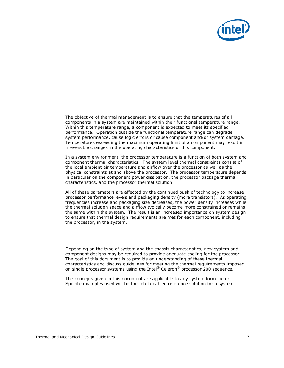 1 introduction, 1 document goals and scope, 1 importance of thermal management | 2 document goals, Introduction, Document goals and scope, Importance of thermal management, Document goals, 1introduction | Intel CELERON 200 User Manual | Page 7 / 53
