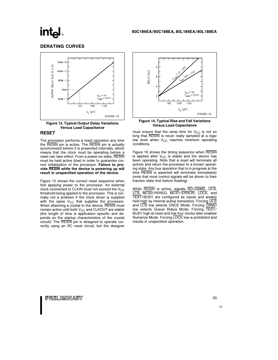 Derating curves, Reset | Intel 80L186EA User Manual | Page 33 / 50