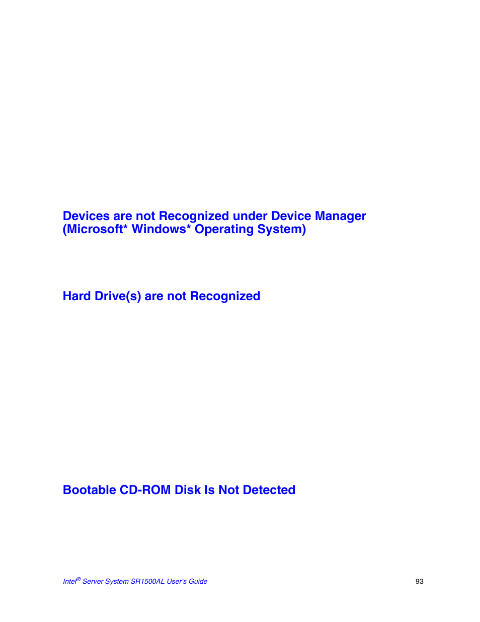 Hard drive(s) are not recognized, Bootable cd-rom disk is not detected | Intel SR1500AL User Manual | Page 115 / 180