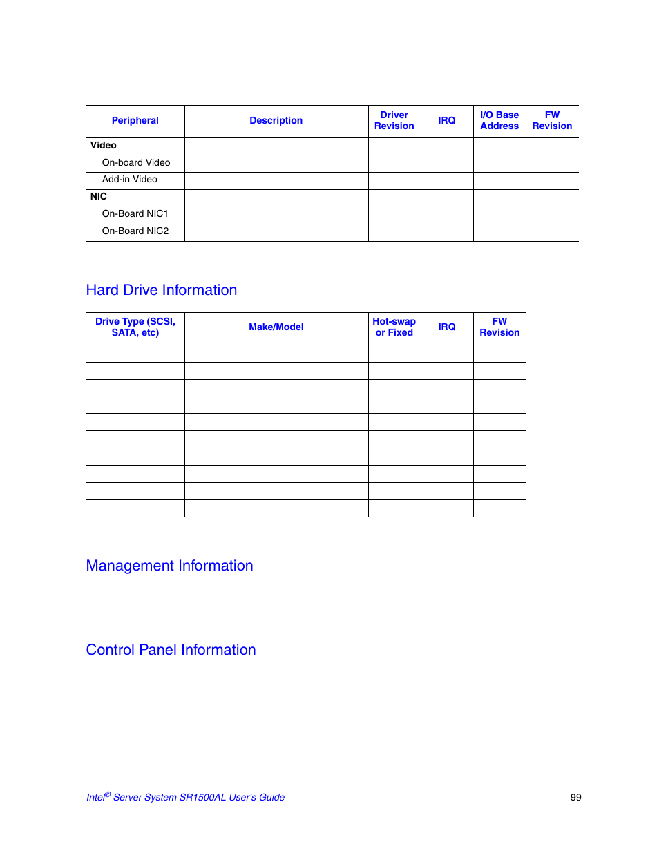 Hard drive information management information, Control panel information | Intel SR1500AL User Manual | Page 121 / 180