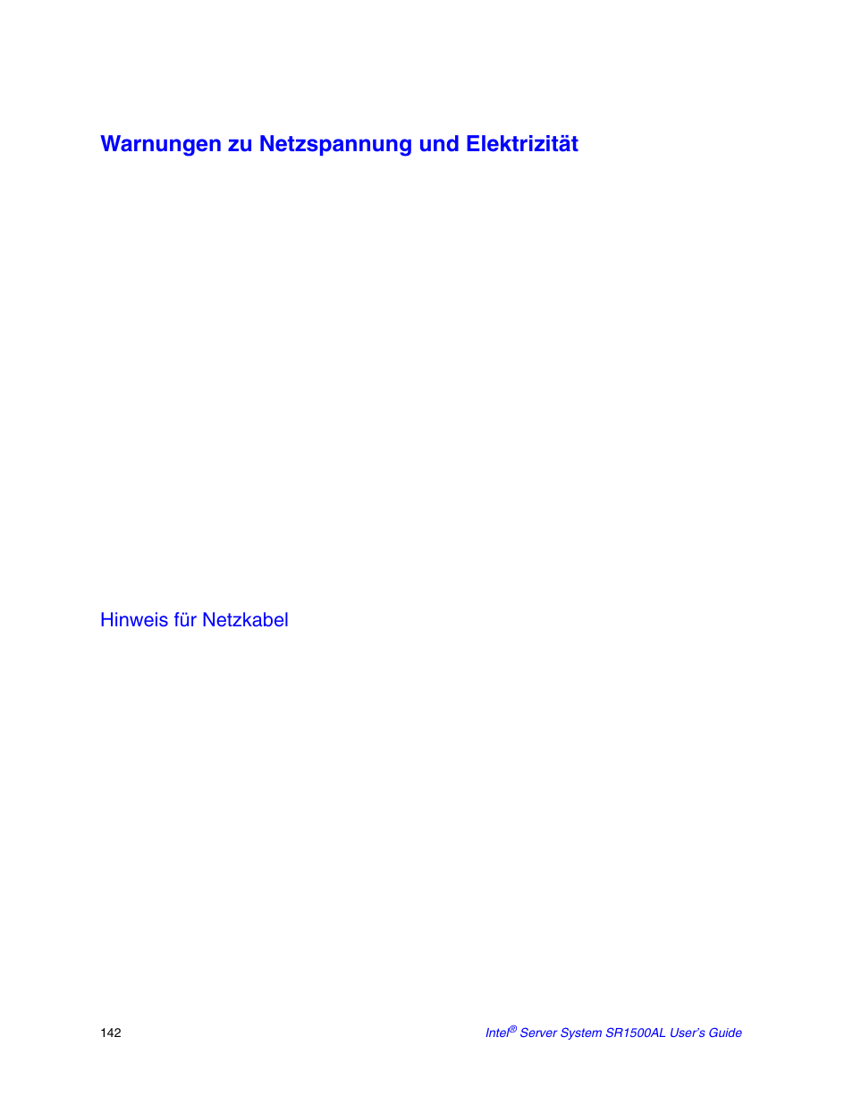 Warnungen zu netzspannung und elektrizität, Hinweis für netzkabel | Intel SR1500AL User Manual | Page 164 / 180